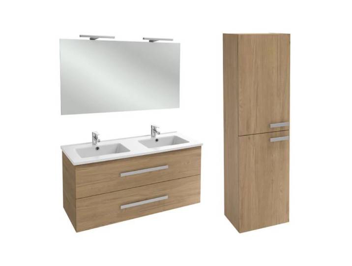 Pack meuble double vasque 120 cm JACOB DELAFON Ola Up chêne + colonne + miroir + spot