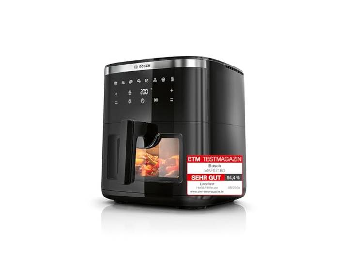 Bosch Heißluftfritteuse Serie 6, XXL 7,2 L Fassungsvermögen, 7 voreingestellte Programme, beleuchtetes Sichtfenster, bis zu 65% schnelleres Kochen, AirFryer in Schwarz, MAF671B0