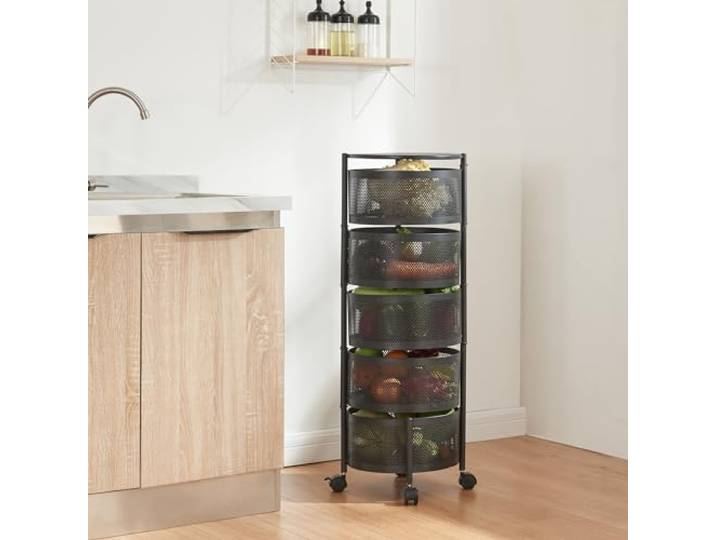 [en.casa] Rollwagen Steigen mit 5 Ebenen mehrlagiges Küchenregal mit Rädern Servierwagen aus Stahl ausklappbare Körbe Regal für Küche, Bad 89,5 x Ø33 cm Schwarz