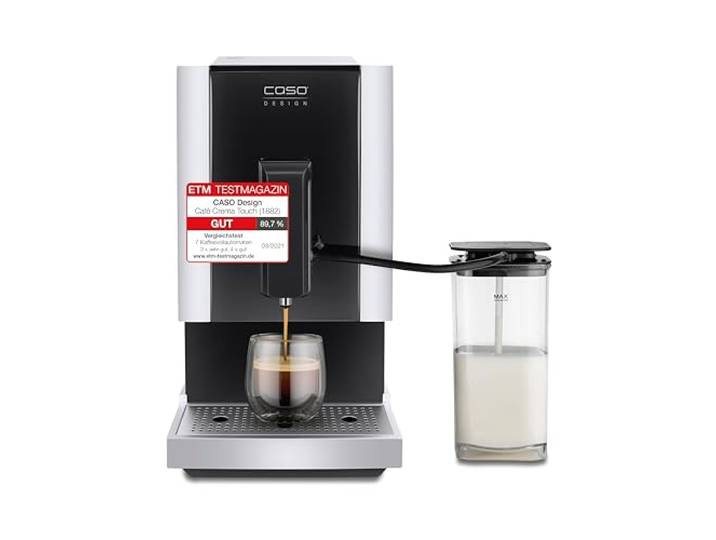 Caso Café Crema Touch, Kaffeevollautomat, inkl. Schlauch und Milchtank Kegelmahlwerk stufenlos einstellbar, sofort startbereit, alle Kaffeespezialitäten per Touch, Schwarz, Edelstahl