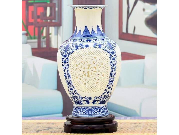 JINGDEZHEN-Vase creux chinois bleu et blanc, vase en forme de queue de poisson