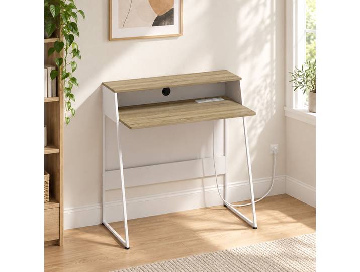 HOMCOM Bureau 90x50cm Chêne Blanc Rangement Étagère Acier