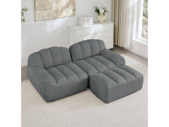 ROVRYN Canape modulable d angle 2 places avec ottoman 210 x 165 x 79 cm fleece granule gris
