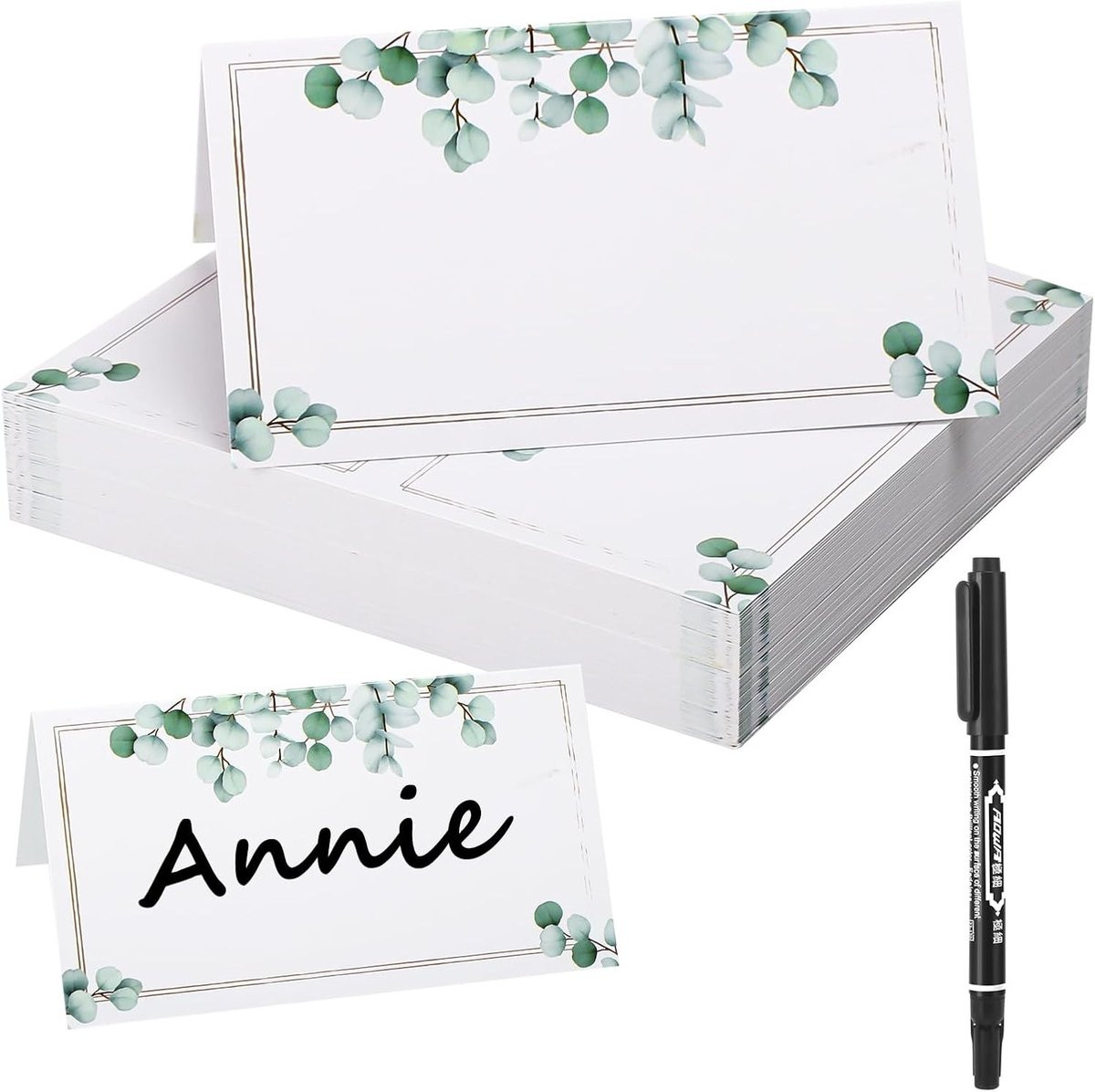 50 stuks Elegante Vouwbare Eucalyptus Tafelkaarten - Schrijfbare Plaatskaarten voor Bruiloft en Feestjes