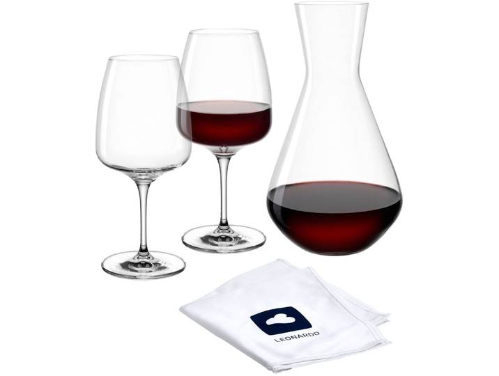 Rotweinglas LEONARDO Weinset CESTI + Poliertuch , transparent (transparent, weiß, blau), 4 Stk., Kristallglas, Trinkgefäße, Rotweinglas, 2 Weingläser und 1 Karaffe mit Poliertuch