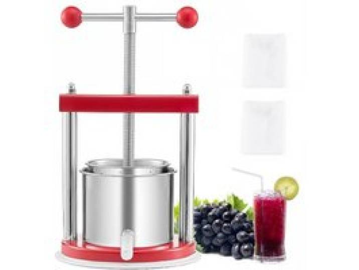 VEVOR Pressoir à Fruits Manuel Capacité 1,65 L, Presse à Vin avec 2 Barils en Acier Inoxydable, avec Poignée en T, Nettoyage Facile, Presse à Jus, Raisin, Cidre de Pomme pour la Cuisine et la Maison
