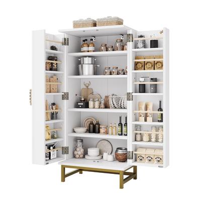 Merax Küchenschrank 60x40x130 cm, Vorratsschrank Weiß mit goldenen Griffen, verstellbaren Einlegeböden & Türfächern