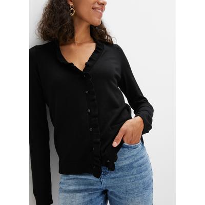 Strickjacke BONPRIX, Damen, Gr. 48/50 (XL), schwarz, Obermaterial: 80% Viskose, 20% Polyamid, slim fit, Strickjacken Strickjacke, mit verspieltem Rüschenkragen, in kuscheliger Strickqualität, Slim Fit