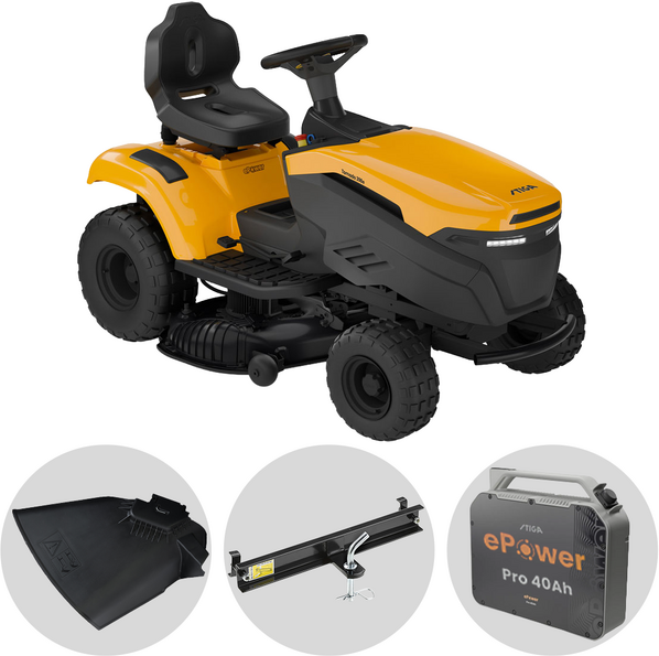 Stiga Tornado 398e - Kit Tracteur tondeuse + 1 module de batterie ePower Pro de 56V/40Ah - Éjection latérale et mulching