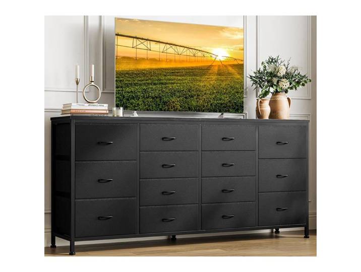 Commode 14 tiroirs tissu noir 63 po prise électrique TV 65‑75 po meuble entrée chambre salon placard