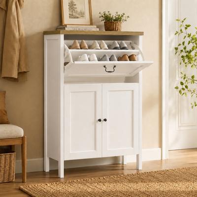 Loedds 31.5 Inch White Shoe Cabinet with Flip Drawer Boot Rack 6 Clips Adjustable Shelf