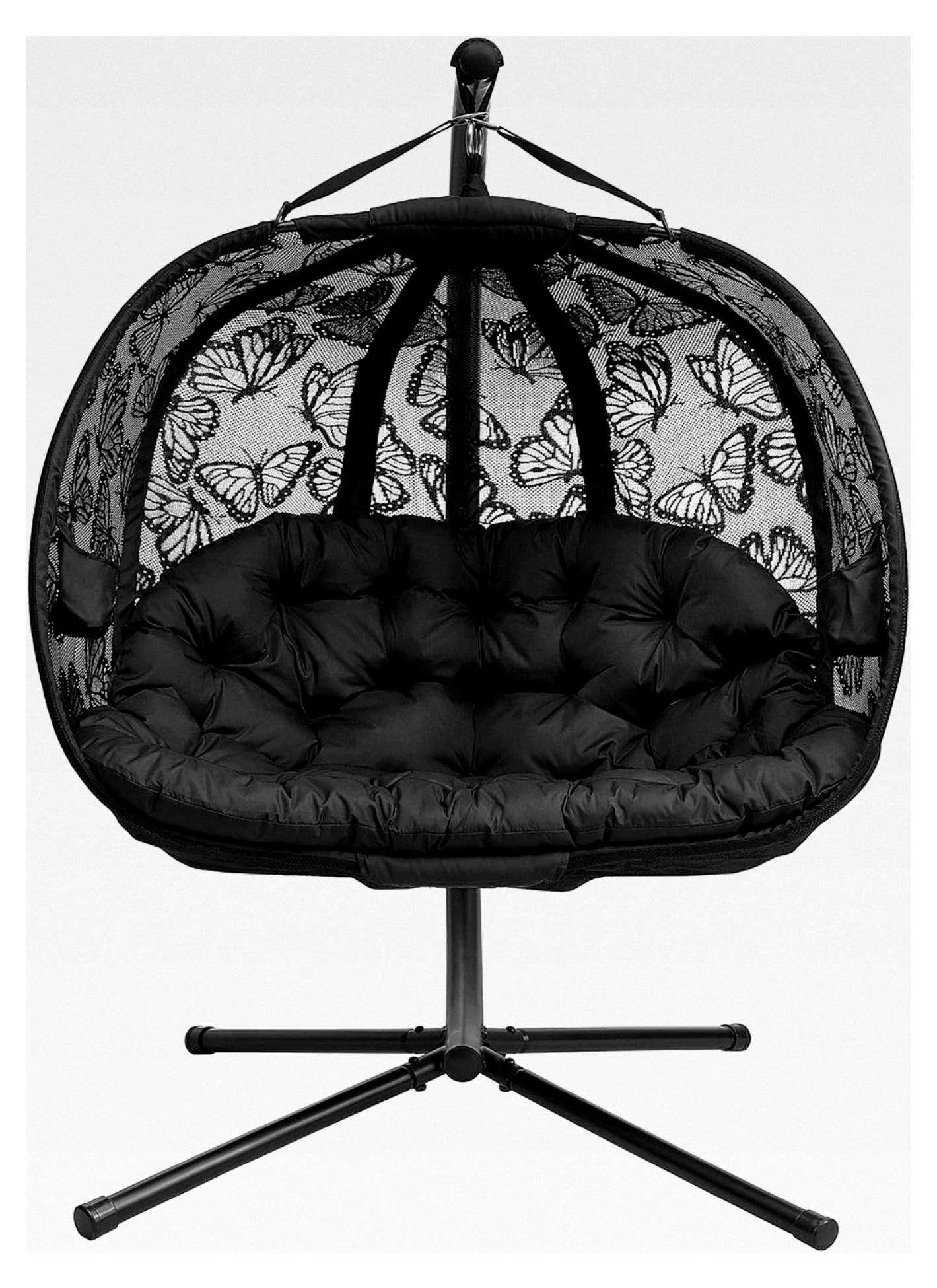 Hängesessel für zwei Personen in Schwarz mit Gestell und Kissen für Garten und Lounge