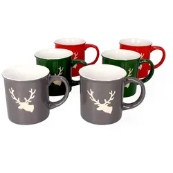 6er Set Kaffeebecher Hirsch zylindrisch 250 ml 2x Rot, Grün, Grau Glühwein Tasse