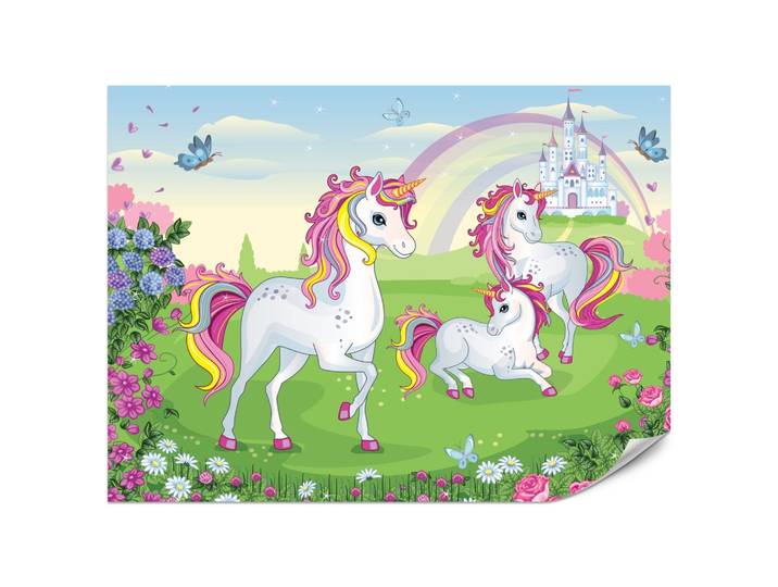 FOTOTAPETE für Kinderzimmer Einhorn Schloss Blumen Märchen 200x140