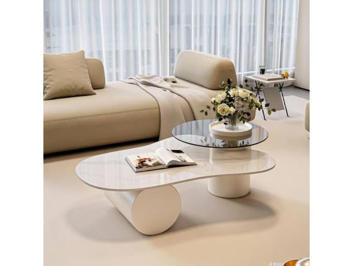 HLDJYLZS Couchtisch aus Sinterstein, Unregelmäßiges Wolkendesign mit Glas Sinterstein, Wolkenform, Unregelmäßiges Design, Glasplatte, Modern, Minimalistisch, Kleine Räume, Homeoffice