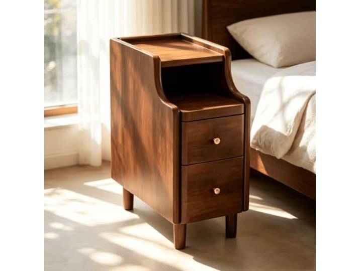 kumamart Nachtschrank Massivholz Schmal, Beistelltisch mit 2 Schubladen Schmaler Nachtschrank mit Tablett-Ablage, abgerundeten Kanten und Massivholzbeinen.(Walnut,9.84in)