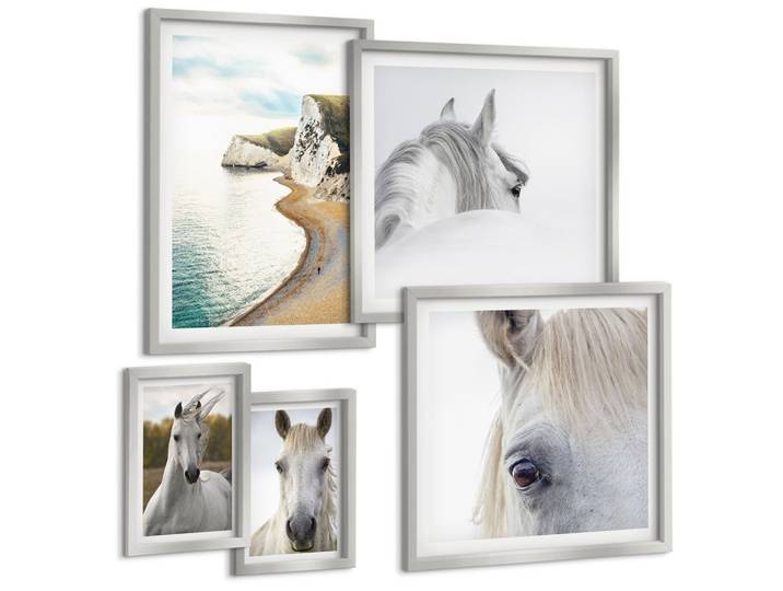 BILDER SET 5er Set - 50x50 cm & 20x30 cm & 40x60 cm Silberner Rahmen - Kontrastierende abstrakte Porträts