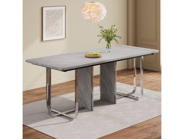 Table de Salle à Manger -180x80x75cm - Pieds en Métal - Table de Salle à Manger Simple Moderne - Gris + Argenté