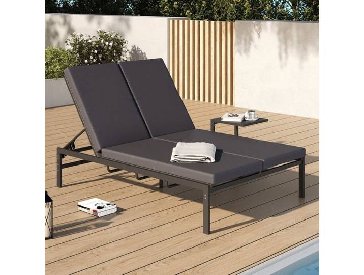 Lit bain de soleil double transat de jardin inclinables double en acier avec matelas gris anthracite
