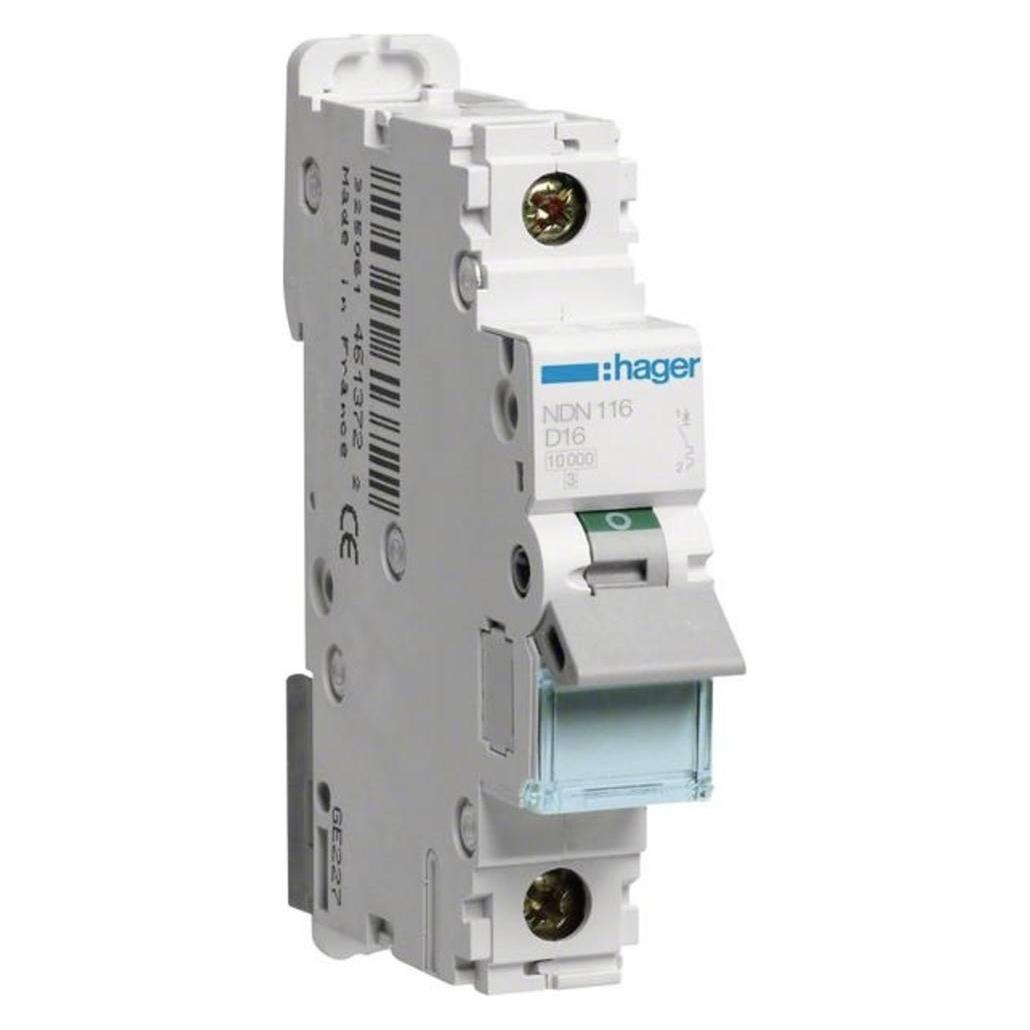Hager NDN116. Nennstrom: 16 A. Typ: D-type, Module Menge (max): 1 Modul(e). Breite: 17,5 mm, Tiefe: 70 mm (NDN116)