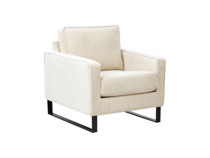 Retro Sessel Cord hellbeige mit Armlehnen schwarze Füße aus Edelstahl Vind