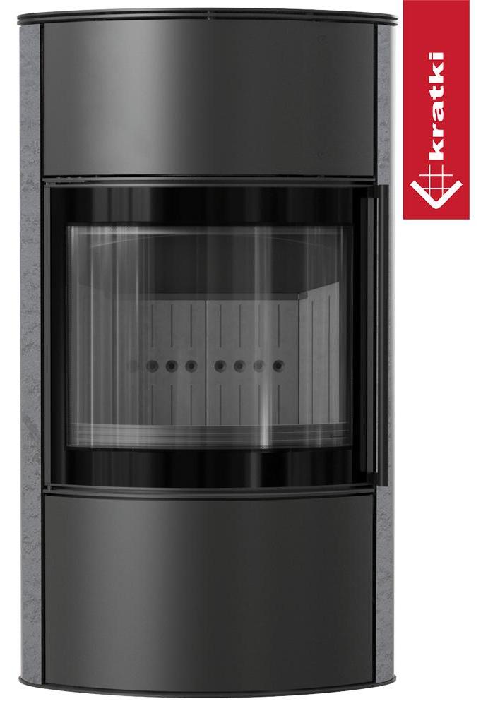 BJORN freistehender Stahlofen Ø 150 7 kW Hochdekorative GRAY SATIN-Speicherkeramik; Stahlabdeckung; schwarzes Thermotec; mit Verschlussmechanismus