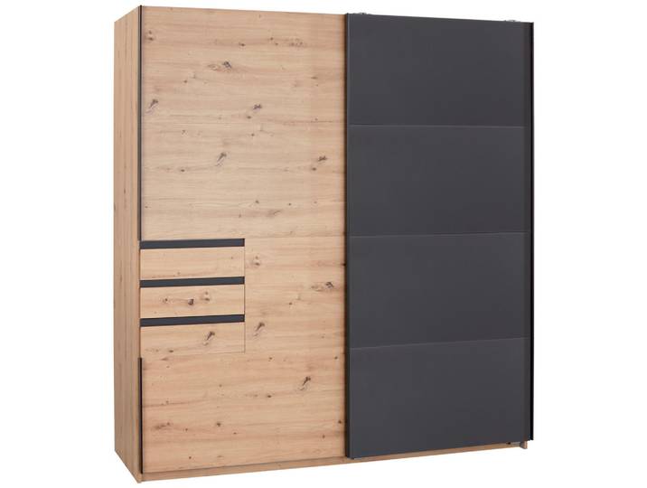 Mid.you Schwebetürenschrank Wimex Oldenburg, Grau, Eiche Artisan, Glas, 4 Fächer, 3 Schublade(n) Schubladen, 180x198x65 cm, BQ - Bündnis für Qualität, Made in Germany, DIN EN ISO 9001, Schlafzimmer, Kleiderschränke, Kleiderschränke 2-türig