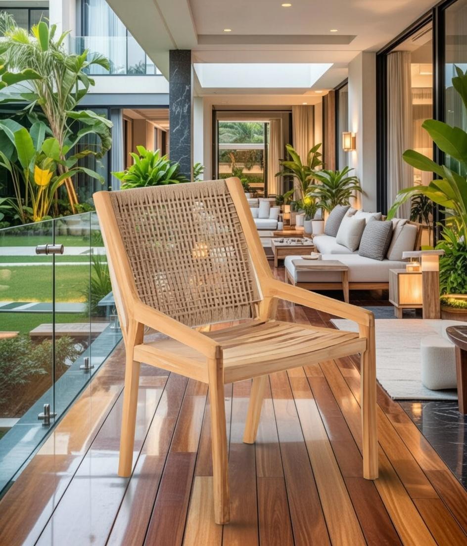 Eleganter Gartenstuhl aus Holz mit geflochtenem Rücken und Sitzfläche
