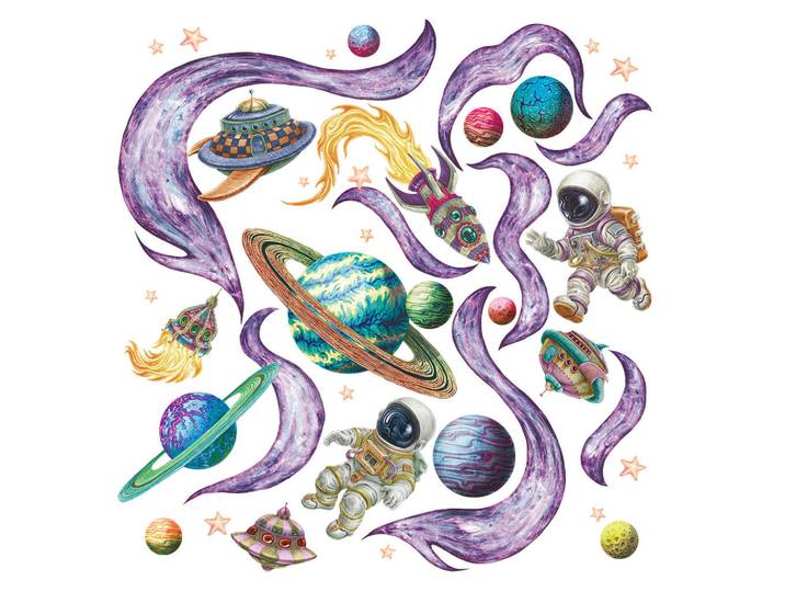 Wallfluent Wandaufkleber 130x224cm - Planeten im Weltraum, Mehrfarbig, Kunststoff, Rechteckig, 130x224x0.1 cm, Tapeten & Wandverkleidungen, Wandtattoos & Sticker, Wandtattoos