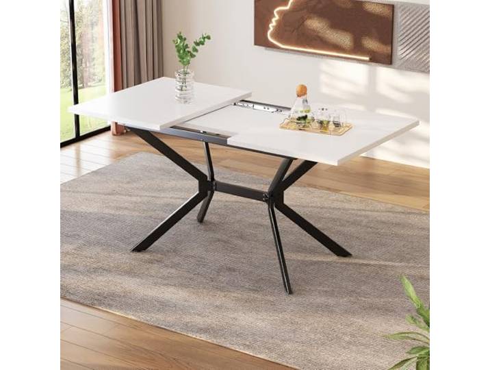 Weißer Erweiterbarer Esstisch 120/160 * 80cm, Tischbeine aus schwarzem Metall, Weiss Rechteckiger Esstisch, Geeignet für Vier bis sechs Personen