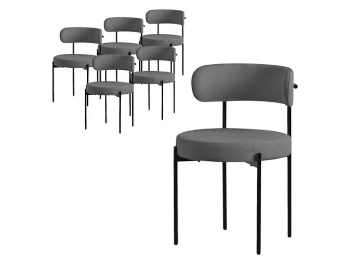 ML-Design Esszimmerstühle 6er Set Grau, Küchenstuhl aus Teddystoff, Wohnzimmerstuhl mit runde Rückenlehne, Polsterstühle mit schwarzem Stahlgestell, Loungesessel ergonomisch, Stühle für Wohnzimmer