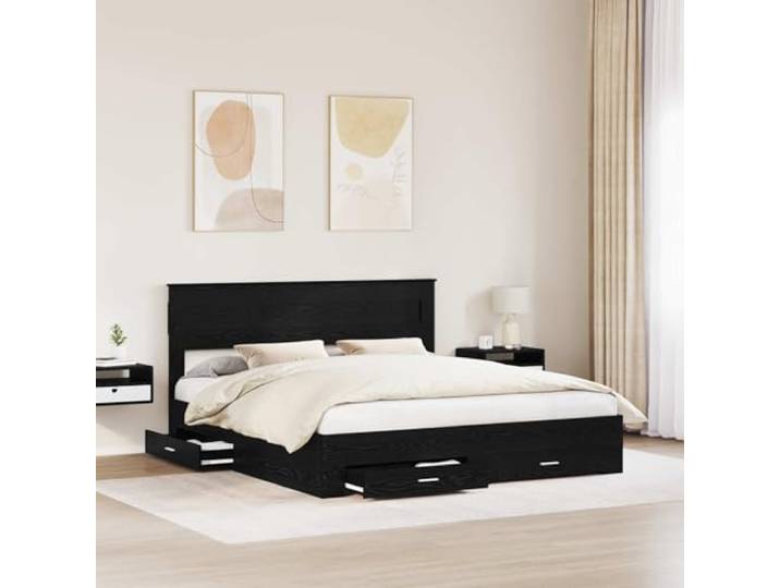 SKTQYQO Bettgestell Eiche Schwarz 180 x 200 cm Mehrschichtiges Holz, mit Schubladen, Lattenrost, modernes Design