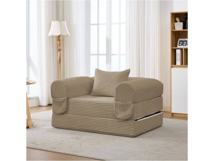 ROVRYN Fauteuil convertible 1 place 2 en 1 en velours cotele marron avec coussin assorti