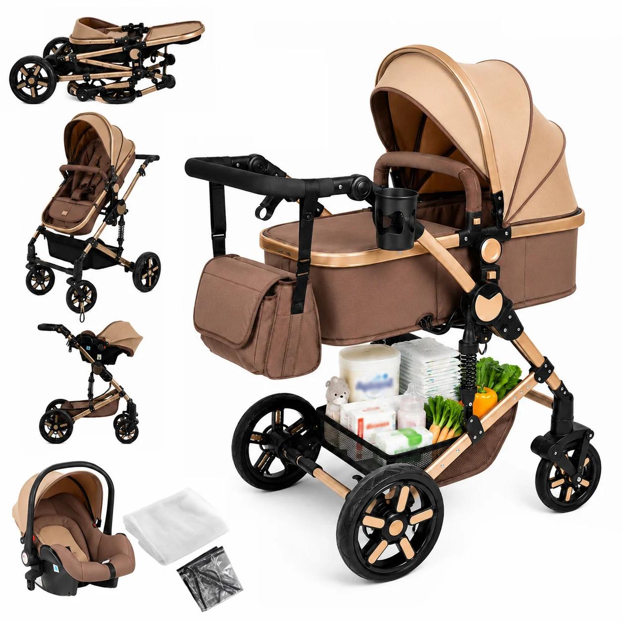 Baby-Kombikinderwagen - 3-in-1-Reisesystem - Für geborene - Faltbar - Wendbarer Sitz - Verstellbare Rückenlehne - Großes Verdeck - Khaki
