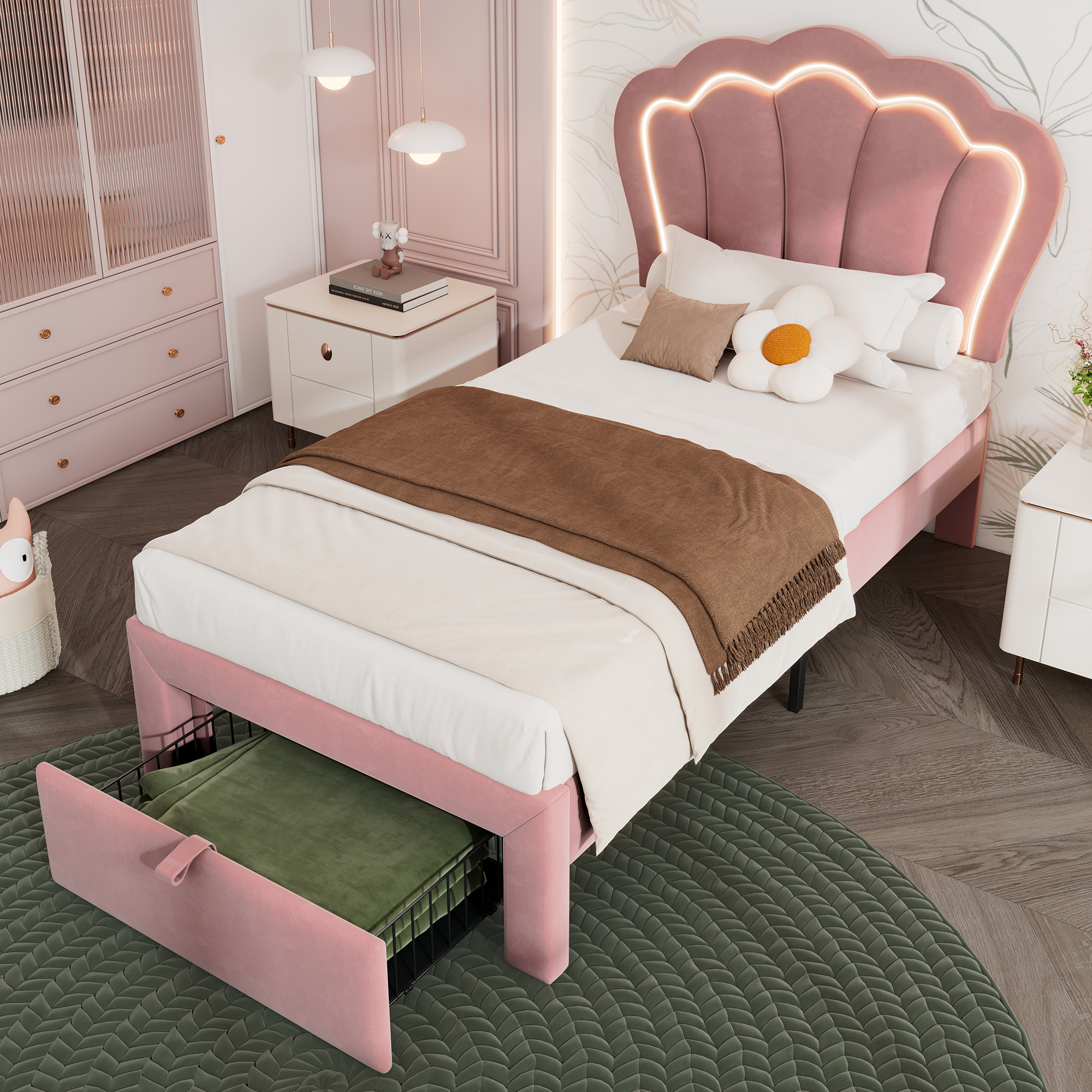 okwish Kinderbett Plattformbett 90×200 cm Polsterbett mit Lattenrost, Jugendbett für Jungen, Funktionelles Einzelbett mit LED-Licht und Schubladen- Samt Rosa(mit Matratze)