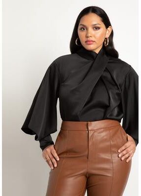 Plus Size Women's Draped Neck Satin Blouse by ELOQUII in Totally Black (Size 16)