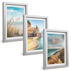 BILDER SET 3er Set - 20x30 cm Silberner Rahmen - Landschaften Strand Klippen Stadt