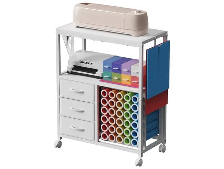 30 Vinyl-Rollenhalter für Cricut-Wagen, rollender Bastelwagen mit 3 Stoffschubladen, Bastelorganisation und Aufbewahrung, kompatibel mit Cricut-Maker-Maschine, Bastelschrank, Tischarbeitsplatz, Weiß