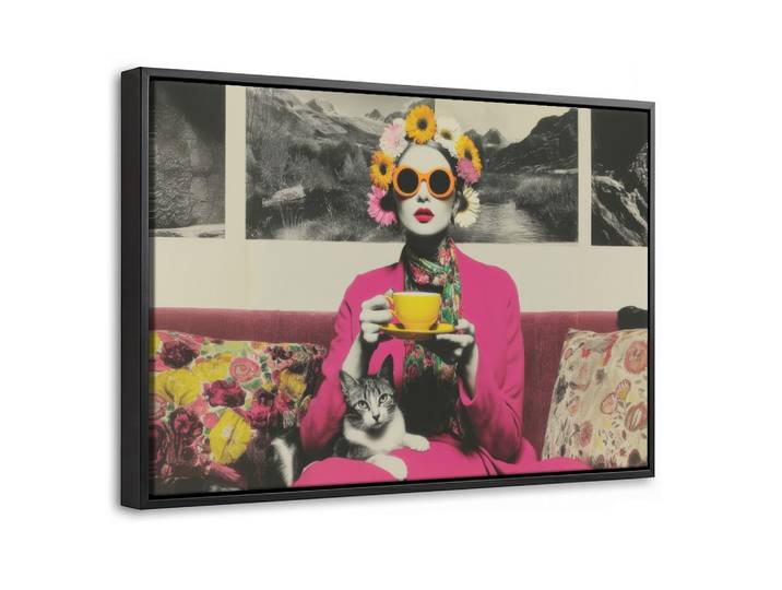 LEINWAND Bilder mit Rahmen - Frau - Katze - Blumen - Tasse - Retro - 30x20