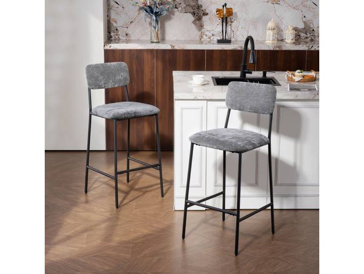 Chaise haute Tectake 2 pièces rembourrée dossier accoudoirs pieds en acier revêtement tissu gris pour cuisine et bar
