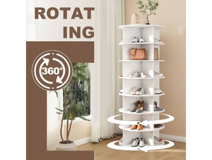 URTR Meuble à Chaussures 7 étages - Armoire à chaussures rotatif 360° - Compartiment ouvert - 28 Paires - 60x60x161CM - PVC - Blanc
