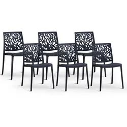 RATTATAN 6er-Set stapelbare Stühle aus Polypropylen mit von der Natur inspiriertem Rückenlehnendesign,rutschfesten Füßen,Garten,Küche,Restaurants Edera/Schwarz
