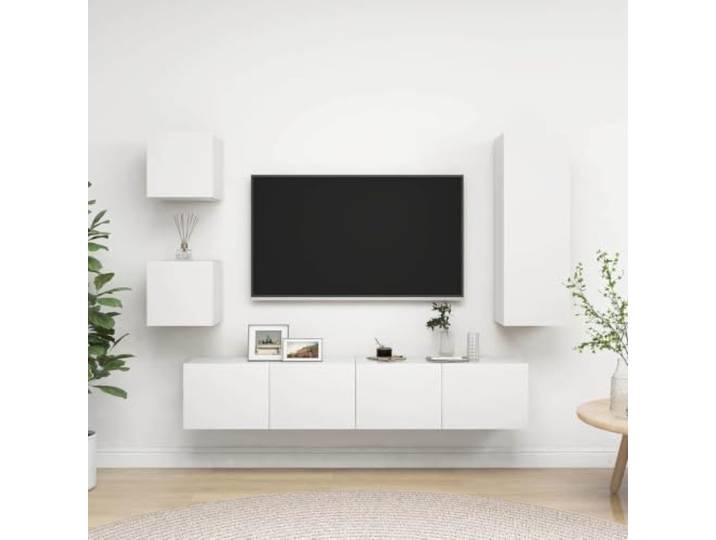 HEFZGDB 5-TLG. TV-Schrank-Set Weiß Holzwerkstoff mit viel Stauraum für Organisation Wandbefestigung praktische Aufbewahrung Zeitlose Ergänzung Fernsehschrank-Set Reinigung feuchtem