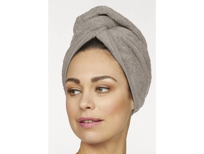 Turban-Handtuch GOODPRODUCT Juna, als Set und Serie erhältlich, 2 Turbanhandtücher 24x61cm , grau (taupe), B:24cm L:61cm, Walkfrottee, Obermaterial: 100% Baumwolle, Handtücher, Turban-Handtuch, 100% Baumwolle, Turban, Uni-Farben, weich