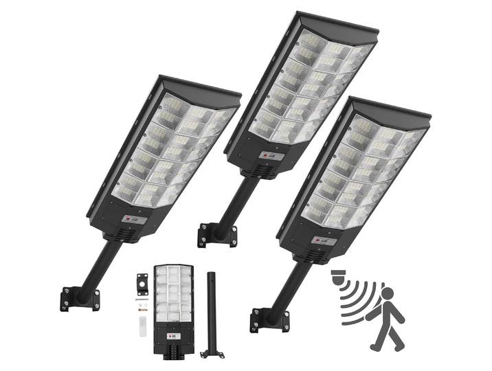 VEVOR Lampadaire solaire 450000LM\, lampe de rue 8000W\, lampe solaire avec capteur crépusculaire\, projecteur LED avec détecteur de mouvement\, éclairage extérieur étanche IP67\, pour allée et cour\, lot de 3