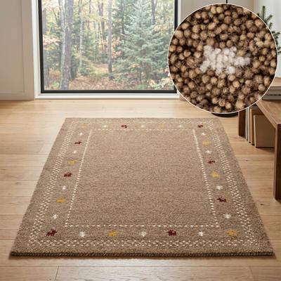 Wollteppich THEKO "Gabbeh Bordüre, Handgefertigt, Teppich, Tiermotiv, reine Wolle", braun, B:60cm H:14mm L:90cm, Wolle, Teppiche, Wohnzimmer, Schlafzimmer, Esszimmer