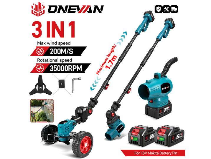 Tondeuse à gazon électrique ONEVAN 3 en 1, souffleur de feuilles, souffleur d'air sans fil à perche télescopique, outil de jardinage pour batterie Makita 18V.