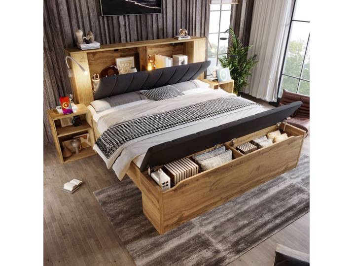 Lit 160x200 cm avec Chevets Banc de Rangement et Lampes de Lecture USB - Chêne
