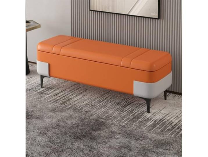 Sitzbank mit Stauraum, moderne Leder Bettbank mit Metallrahmen für Flur Leder Polsterbank, Stauraum am Bettende, stabiler Metallrahmen, modernes Design(Orange,120*40*40cm)