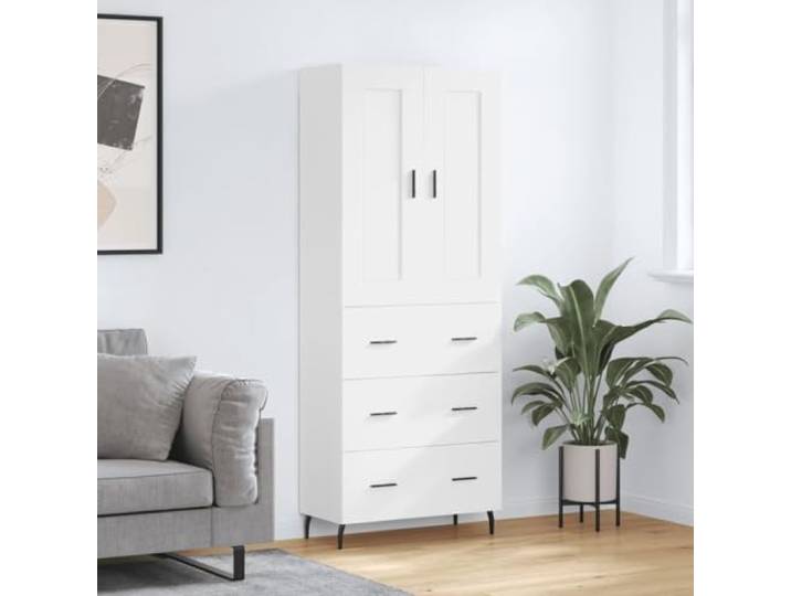HEFZGDB Modernes Highboard mit Wandhalterung in Weiß - Highboard aus Holzwerkstoff mit Stauraum - Stilvolles mit Eisenbeinen fürs Wohnzimmer
